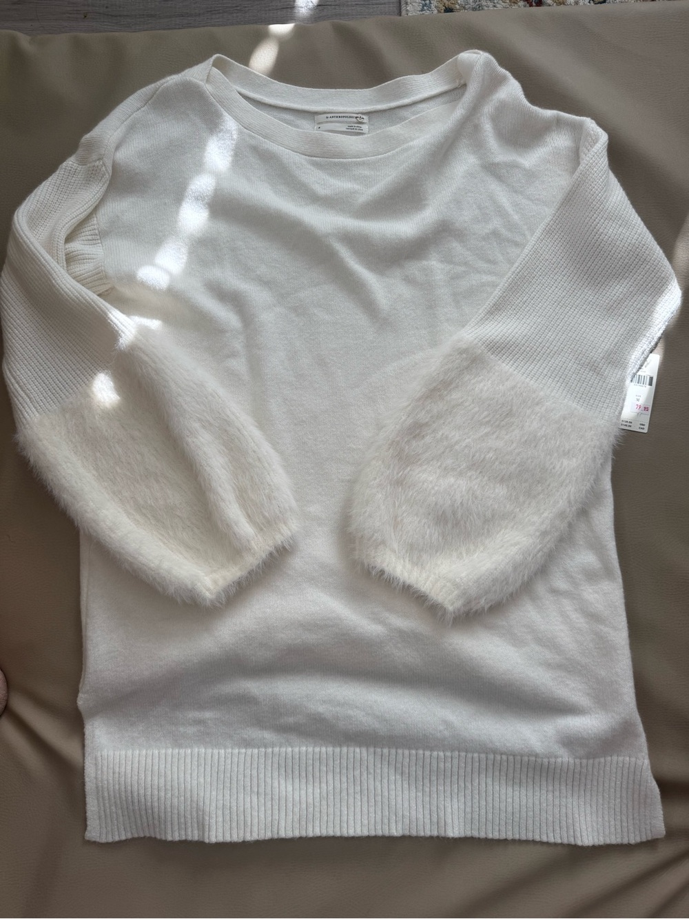 Anthropologie Cozy White Crewneck Sweater with Fuzzy Sleeve Accents